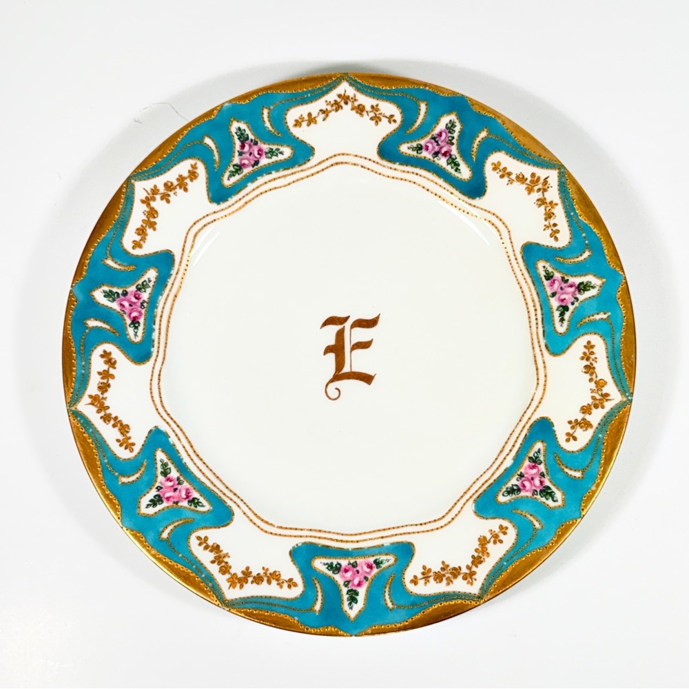 Antique Haviland Limoges France 10”Dinner Plate Blue Gold Encrusted Monogram E